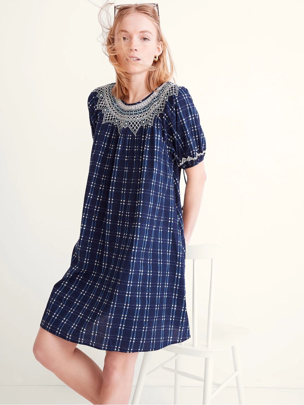Madewell Embroidered Puff-Sleeve Babydoll Dress in Indigo Plaid